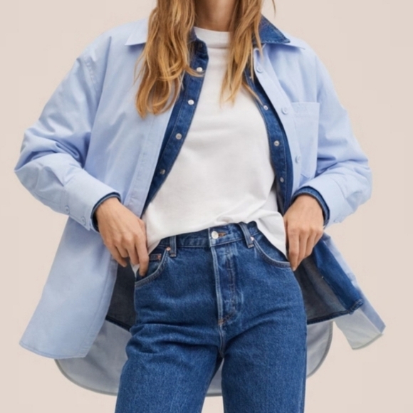NWT MNG Mango Oversized Cotton Overshirt Jacket Shacket Shirt Blue Pockets M - Picture 1 of 13
